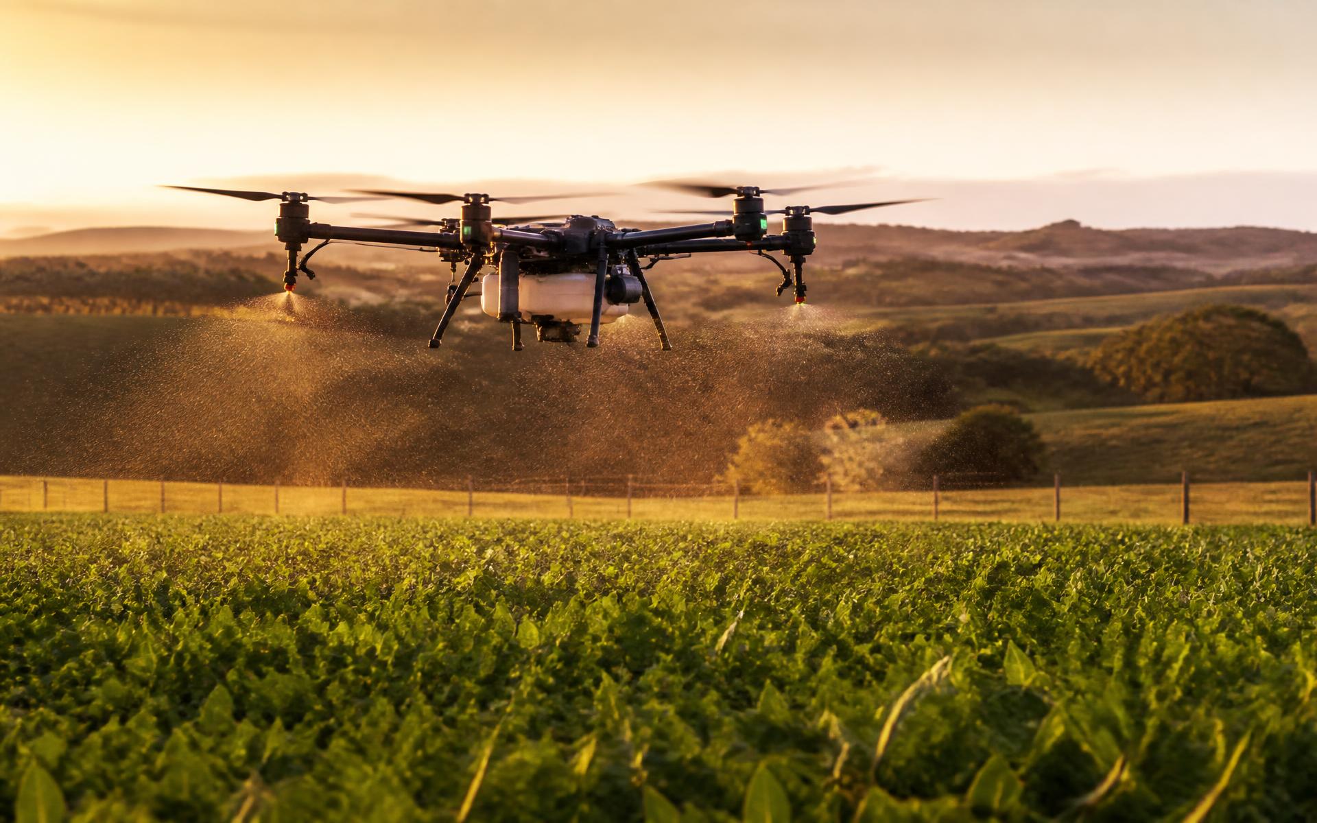 Drone agrícola em operação sobre lavoura no interior do Rio Grande do Sul