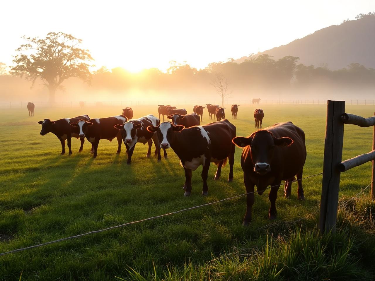 Rebanho em pastagem no amanhecer, região de São Lourenço do Sul
